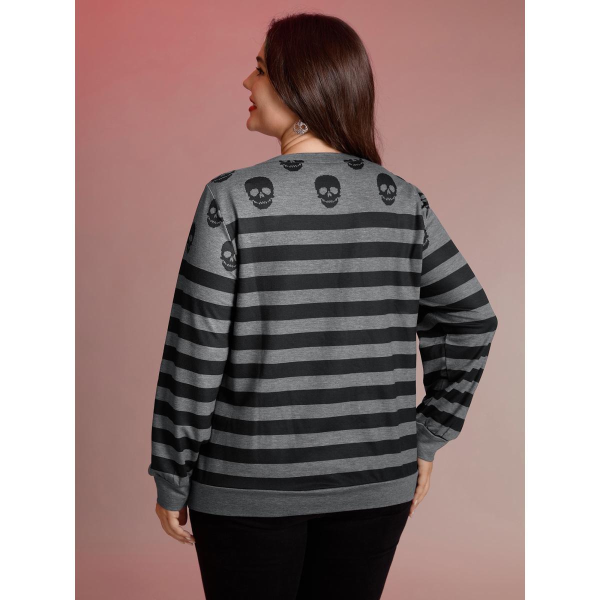 Plus Size Skull Stripe Print Crewneck Sweatshirt Women DimGray Leisure Non Round Neck Casual Sweatshirts BloomChic 22-24/3X Product Image