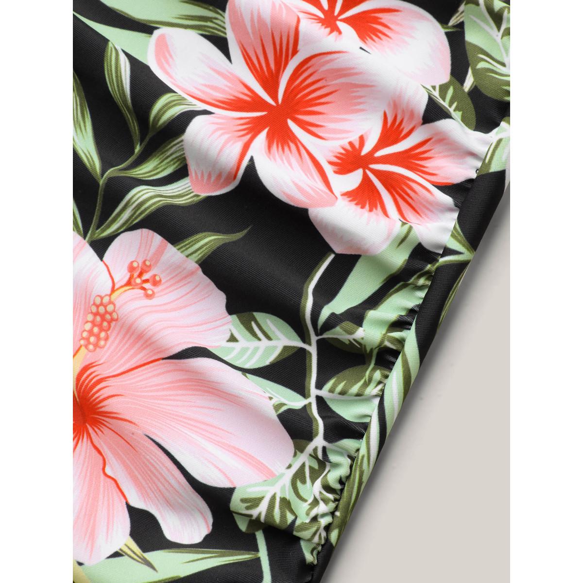 Plus Size Side Floral Pattern Round Neck Swim Top Women's Swimwear Black Resort Gathered High stretch Skinny Halter neck Curve Swim Tops BloomChic 28/5X Product Image