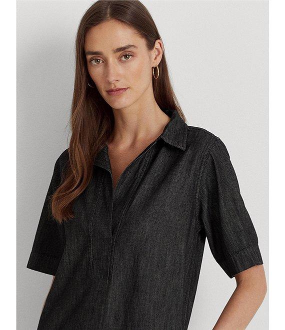 Lauren Ralph Lauren Denim Shift Johnny Collar Short Sleeve Shirt Dress Product Image