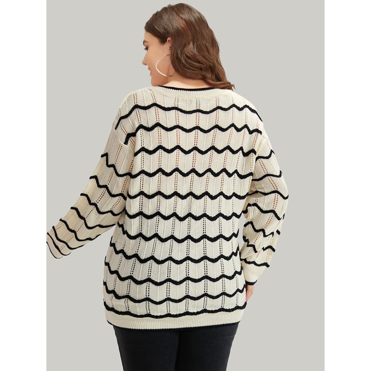 Plus Size Striped Drop Shoulder Cut Out Bodycon Pullover Beige Women Casual Bodycon Long Sleeve V-neck Everyday Pullovers BloomChic 18-20/2X Product Image