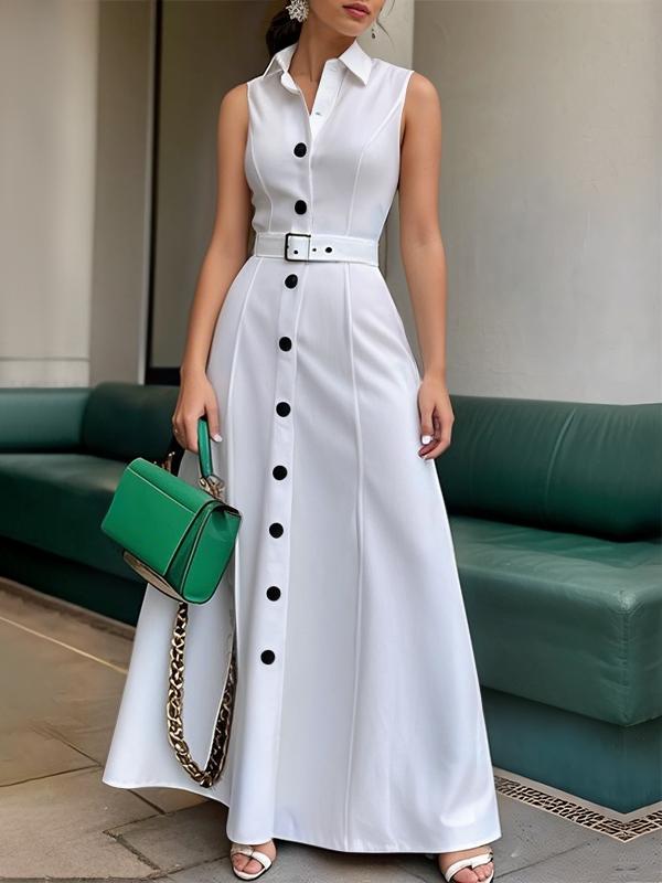 A-Line High Waisted Belted Buttoned Solid Color Lapel Maxi Dresses Product Image