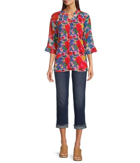 Calessa Petite Size Mesh Abstract Print Split V-Neck 3/4 Sleeve Button Front Tunic Product Image