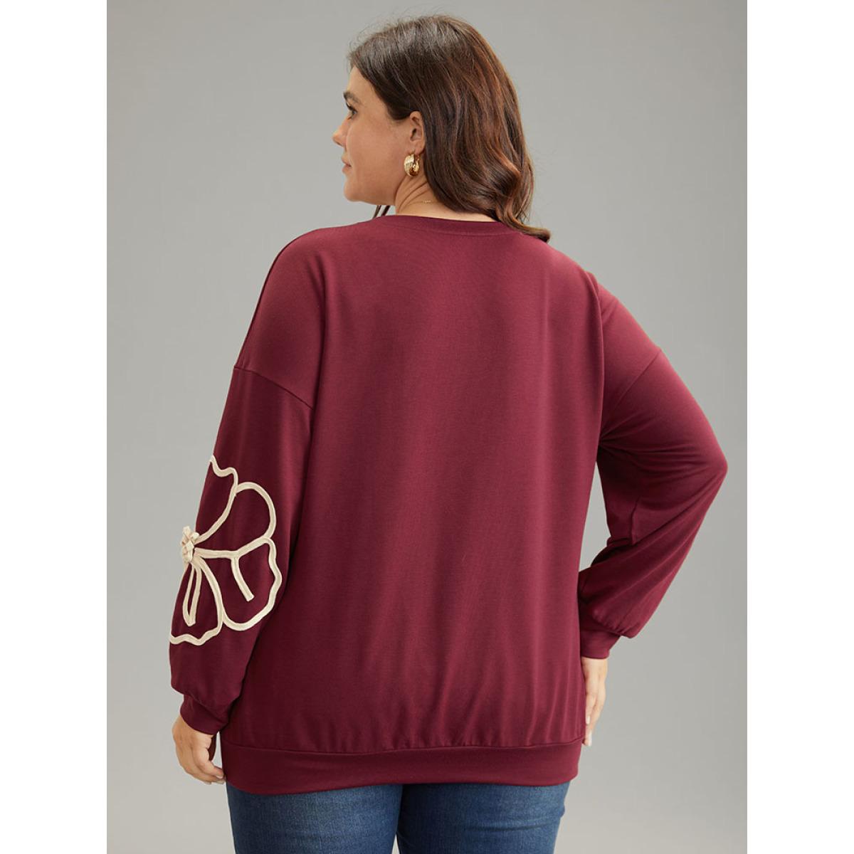 Plus Size 3D Floral Applique Drop Shoulder Sweatshirt Women Burgundy Elegant Contrast Round Neck Dailywear Sweatshirts BloomChic 26/4X Product Image
