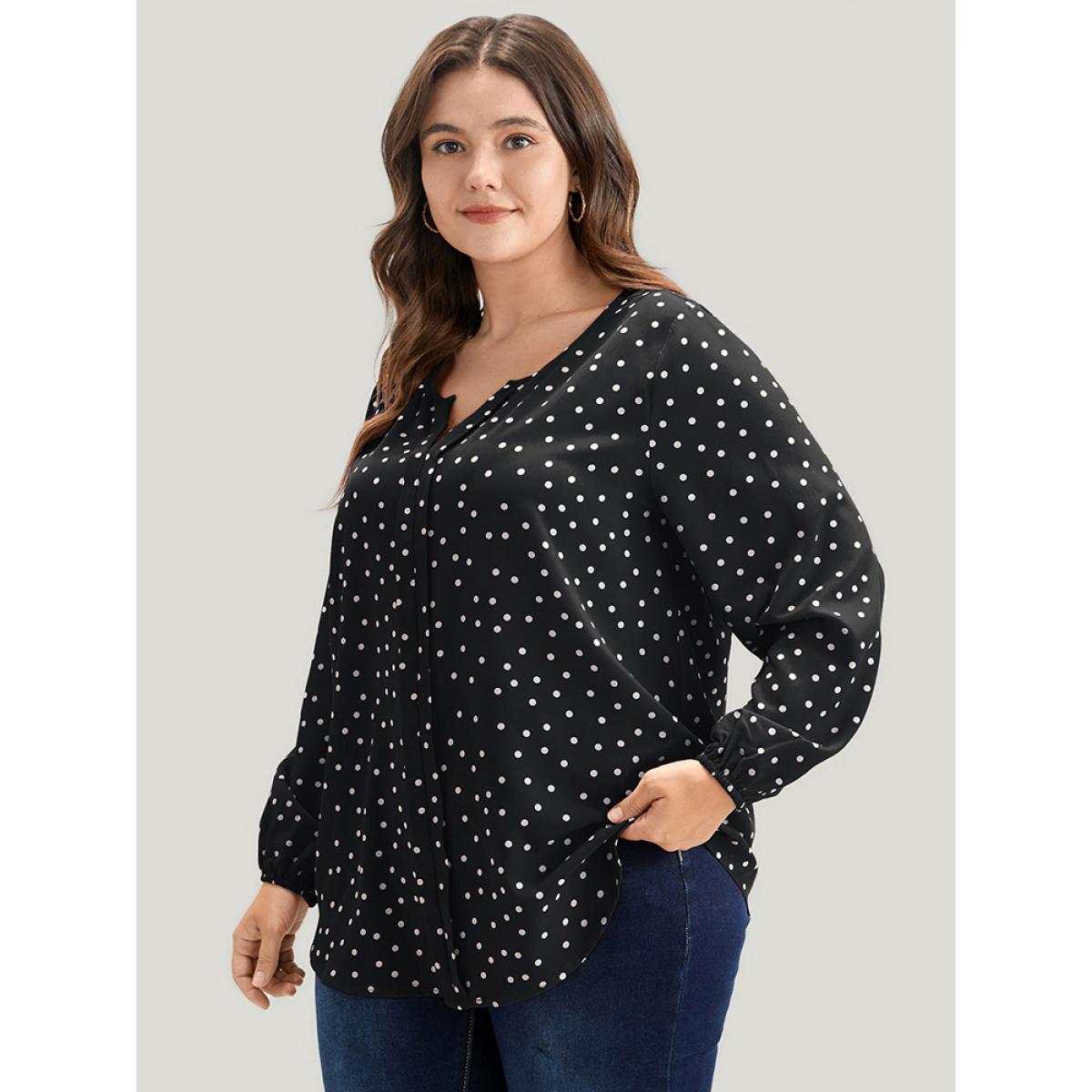 Plus Size Black Polka Dot Lantern Sleeve Notched Blouse Women Elegant Long Sleeve V-neck Dailywear Blouses BloomChic 18-20/2X Product Image