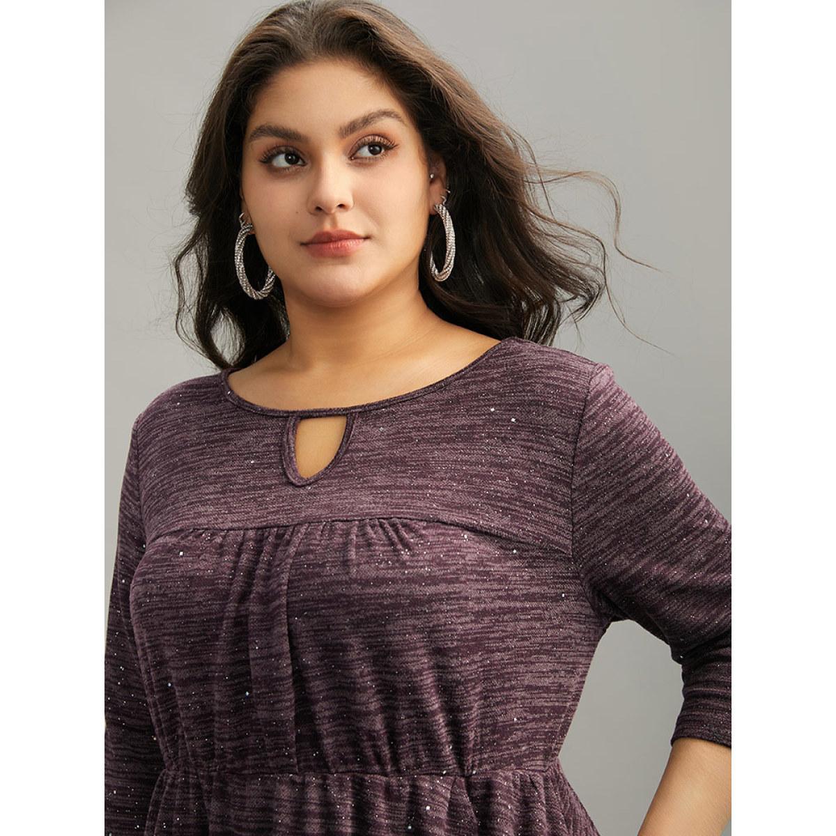 Plus Size Glitter Keyhole Gathered Elastic Waist Dress Purple Women Elegant Rib Knit Keyhole Cut-Out Elbow-length sleeve Curvy Midi Dress BloomChic 26/4X Product Image