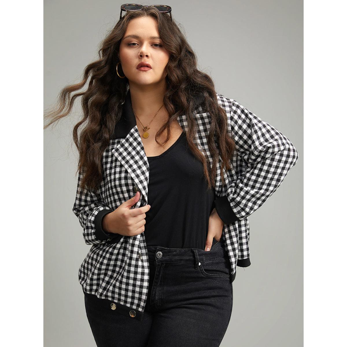 Plus Size Gingham Patchwork Double Breasted Jacket Women Black Elastic cuffs Dailywear Jackets BloomChic 30/6X Product Image