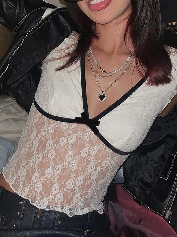 Lace Bow Splice V Neck Short Sleeve Tee Product Image