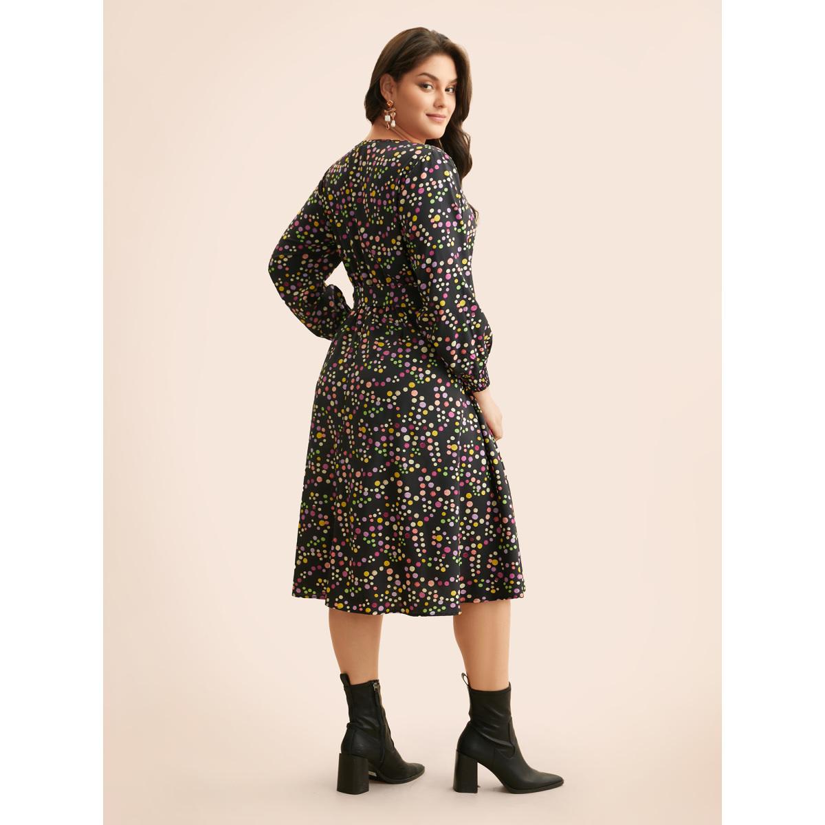 Plus Size Polka Dot Shirred Belted Split Hem Dress Black Women Elegant Belted V-neck Long Sleeve Curvy BloomChic 14-16/1X Product Image