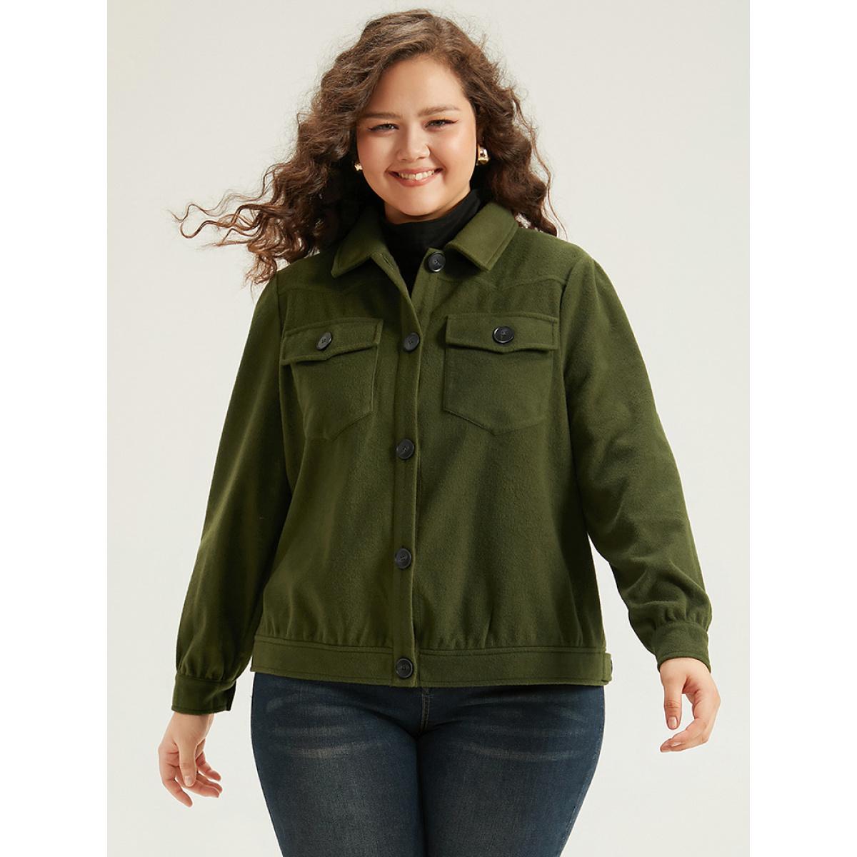 Plus Size Plain Pocket Button Up Shacket Women ArmyGreen Plain Pocket Everyday Jackets BloomChic 14-16/1X Product Image