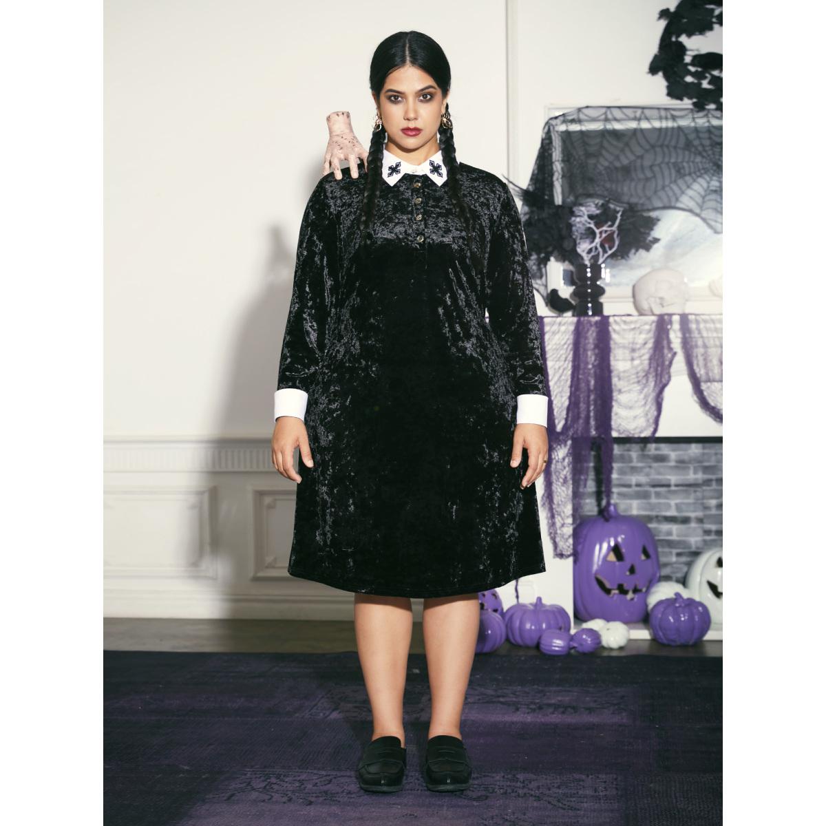 Plus Size Stretch Velvet Collared Midi Dress Black Women Cocktail Texture Party Curvy Bloomchic 10/M Product Image