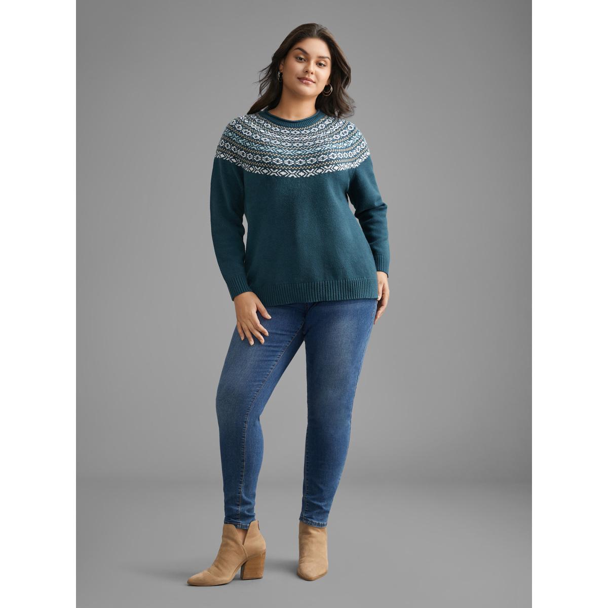 Plus Size Supersoft Essentials Bandana Round Neck Raglan sleeve Pullover DarkGreen Women Casual Loose Long Sleeve Round Neck Everyday Pullovers BloomChic 22-24/3X Product Image