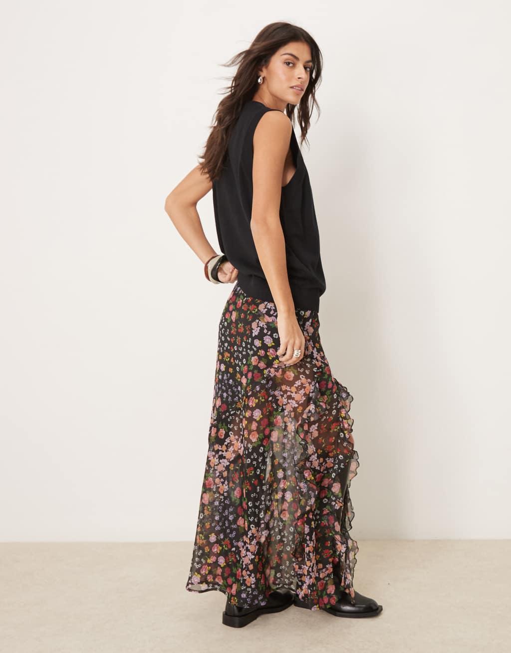 ASOS DESIGN chiffon ruffle maxi skirt in floral print Product Image
