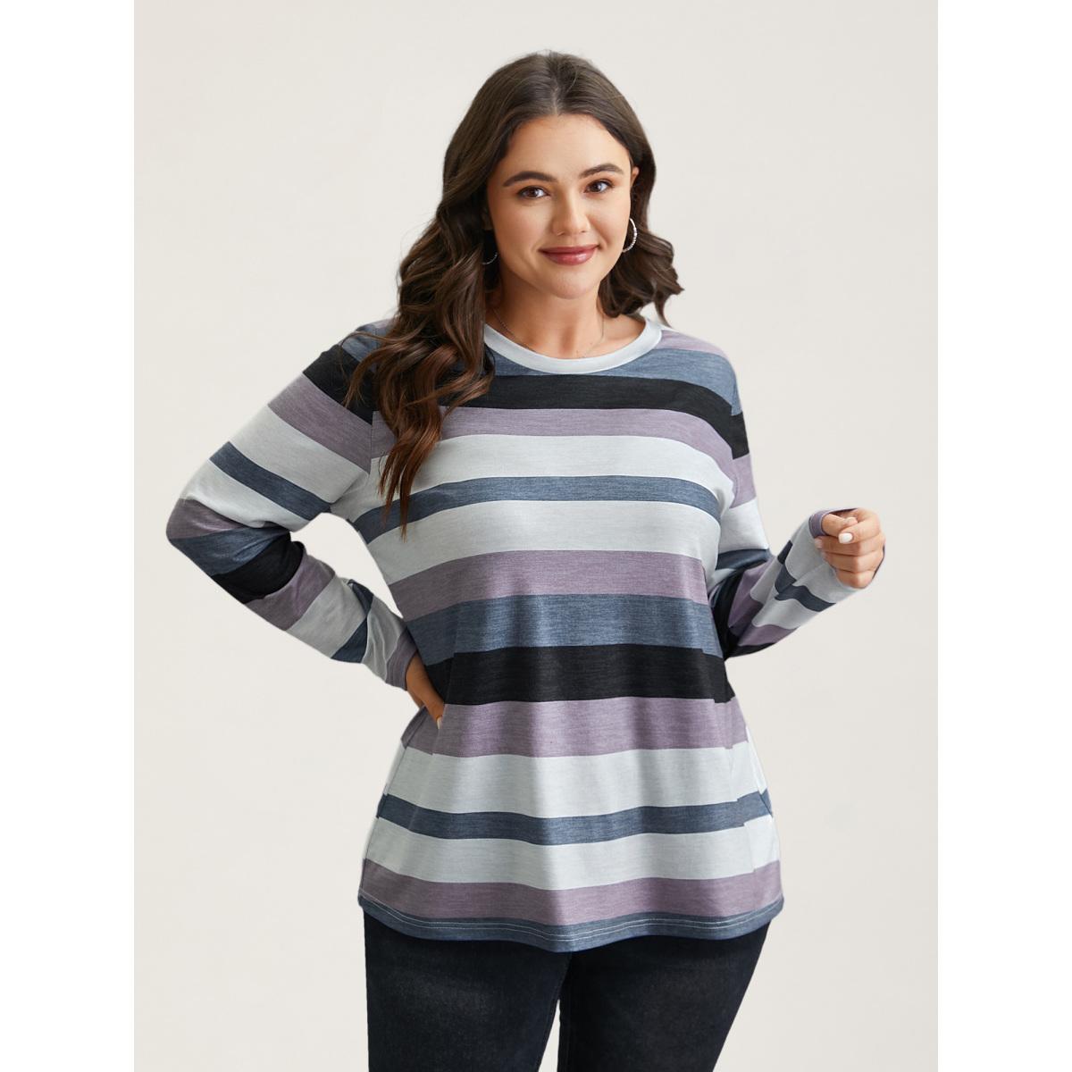 Plus Size Multi-Color Stripes Stretchy T-Shirt Multicolor Women Casual Contrast Round Neck Everyday T-shirts BloomChic 28/5X Product Image