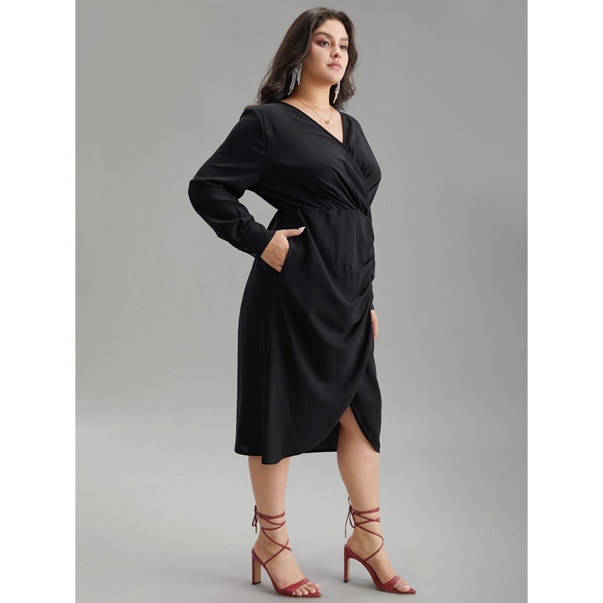 Plus Size Static-Free Solid Plicated Detail Wrap Dress Black Women Glamour Plain V-neck Long Sleeve Curvy Midi Dress BloomChic 10/M Product Image