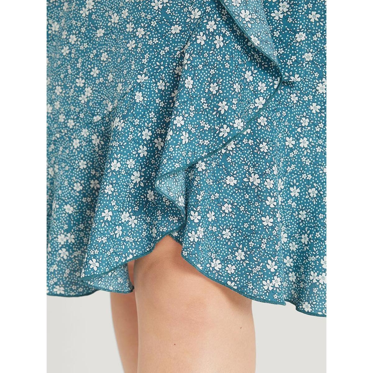 Plus Size Ditsy Floral Pocket Patchwork Belted Wrap Ruffle Dress Cerulean Women Office Plain V-neck Half Sleeve Curvy Knee Dress BloomChic 18-20/2X Product Image