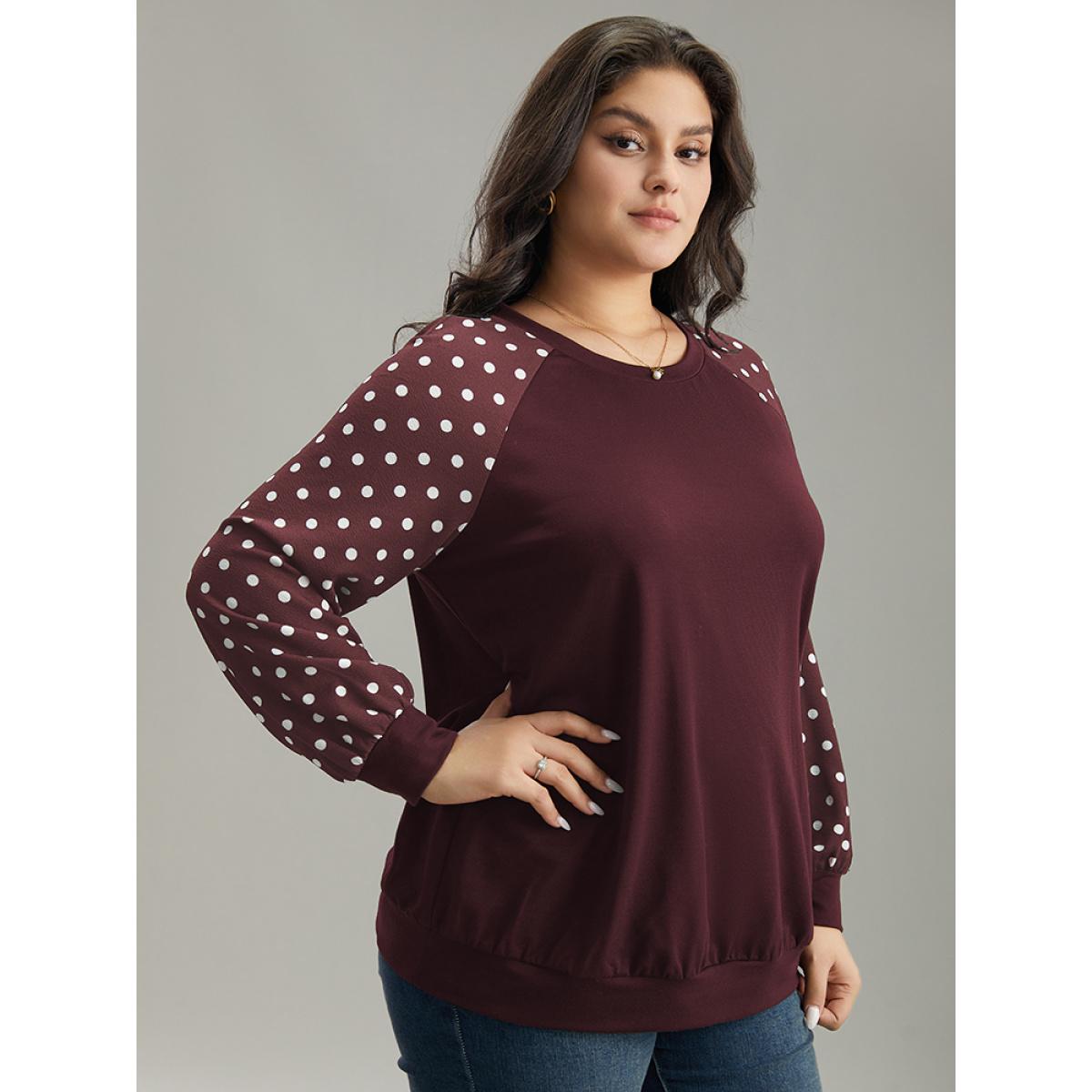 Plus Size Polka Dot Patchwork Raglan Sleeve Sweatshirt Women Burgundy Casual Elastic cuffs Round Neck Everyday Sweatshirts BloomChic 18-20/2X Product Image