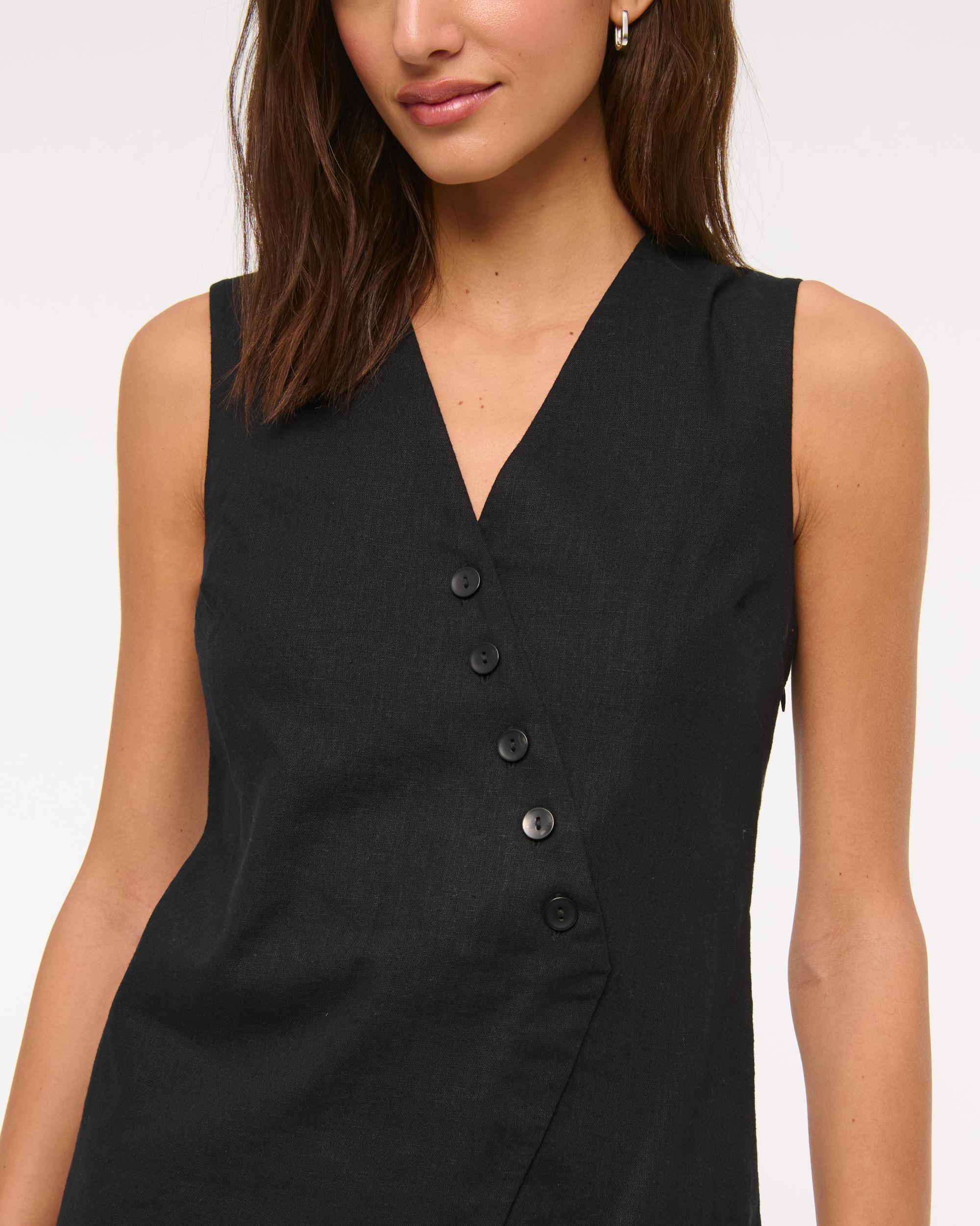 Linen-Blend V-Neck Button Mini Dress Product Image