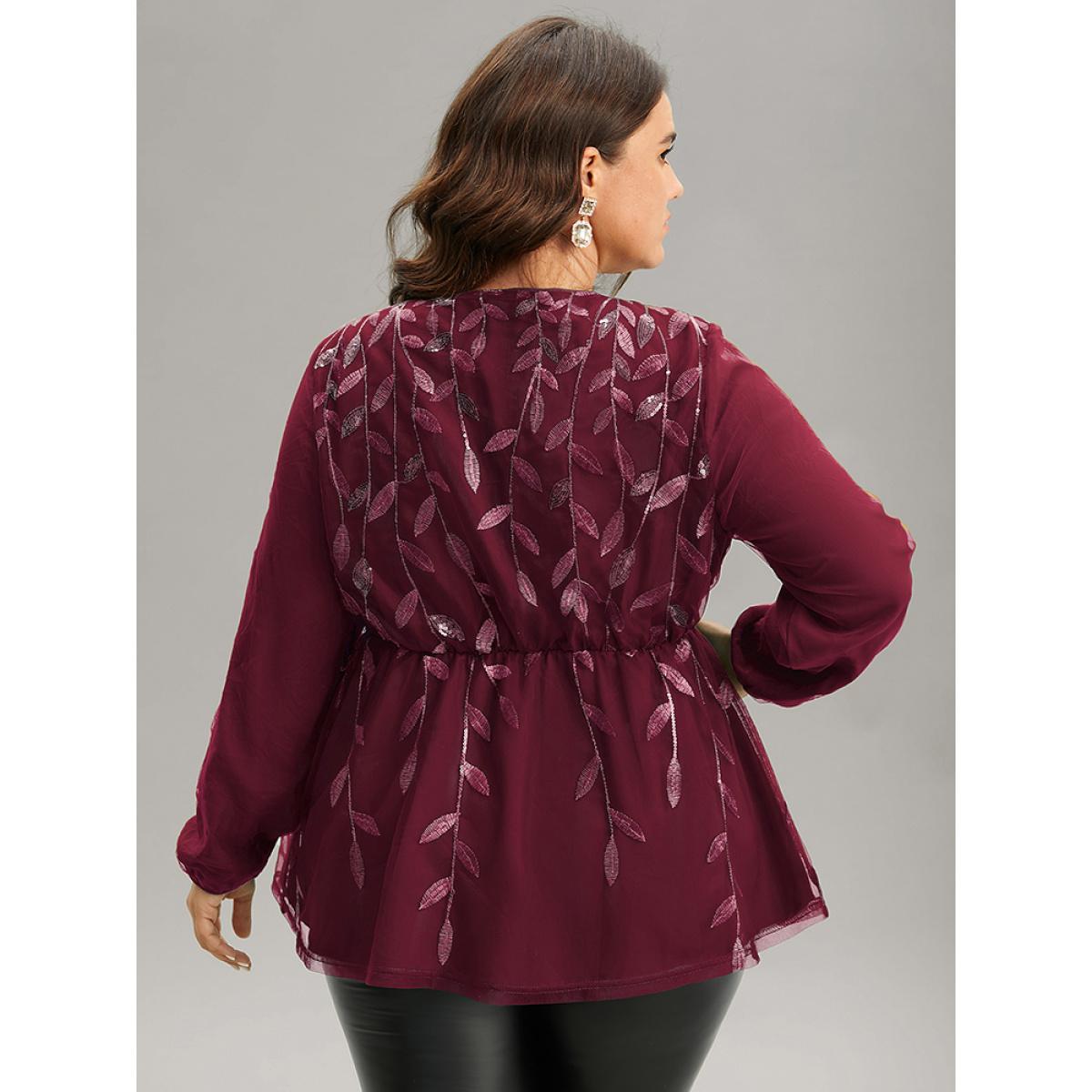Plus Size Scarlet Leaves Embroidered Sequin Tiered Mesh Blouse Women Glamour Long Sleeve V-neck Party Blouses BloomChic 18-20/2X Product Image
