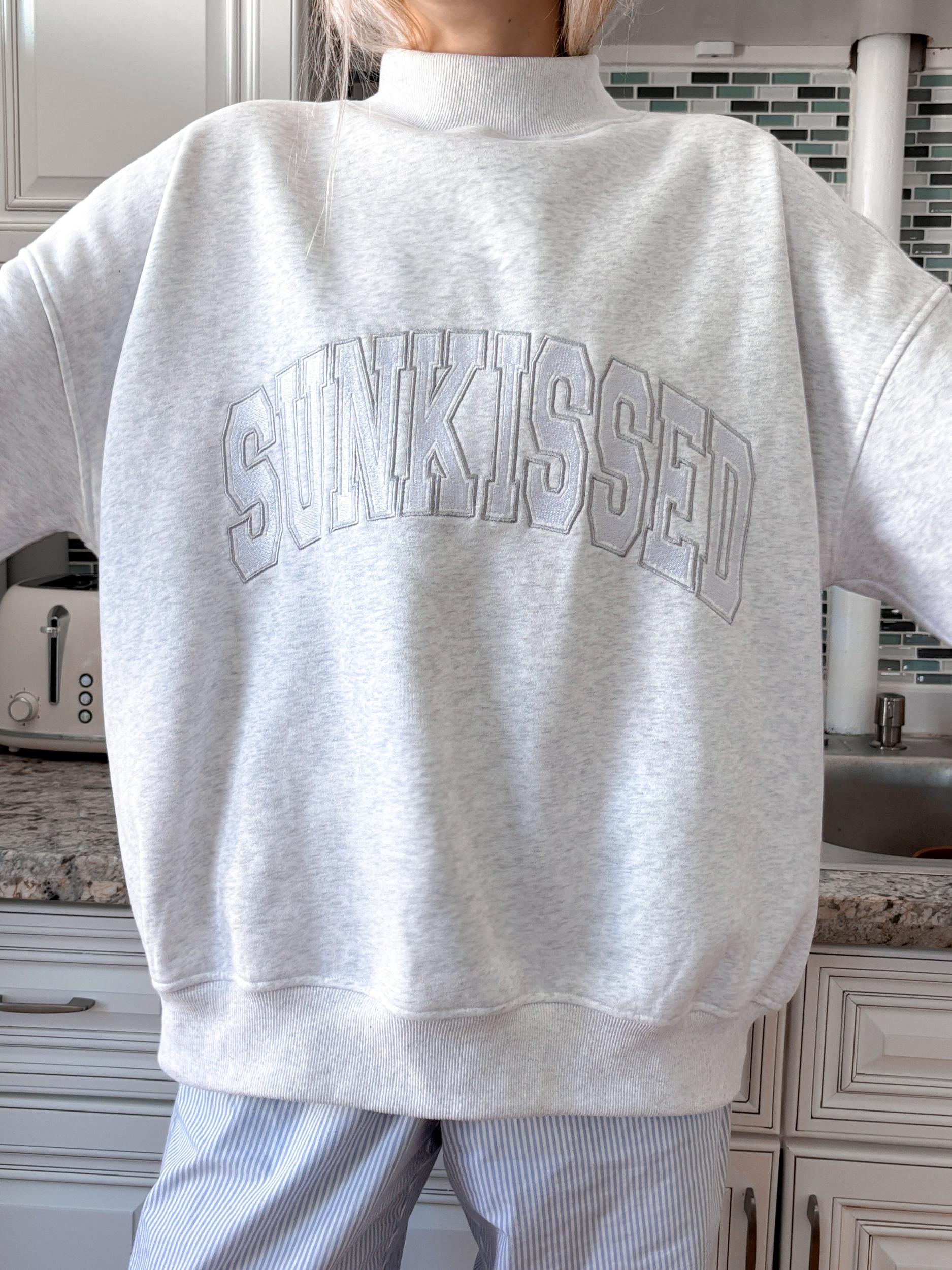 Pearl Grey Mockneck Sunkissed Varsity Embroider Sweatshirt Product Image