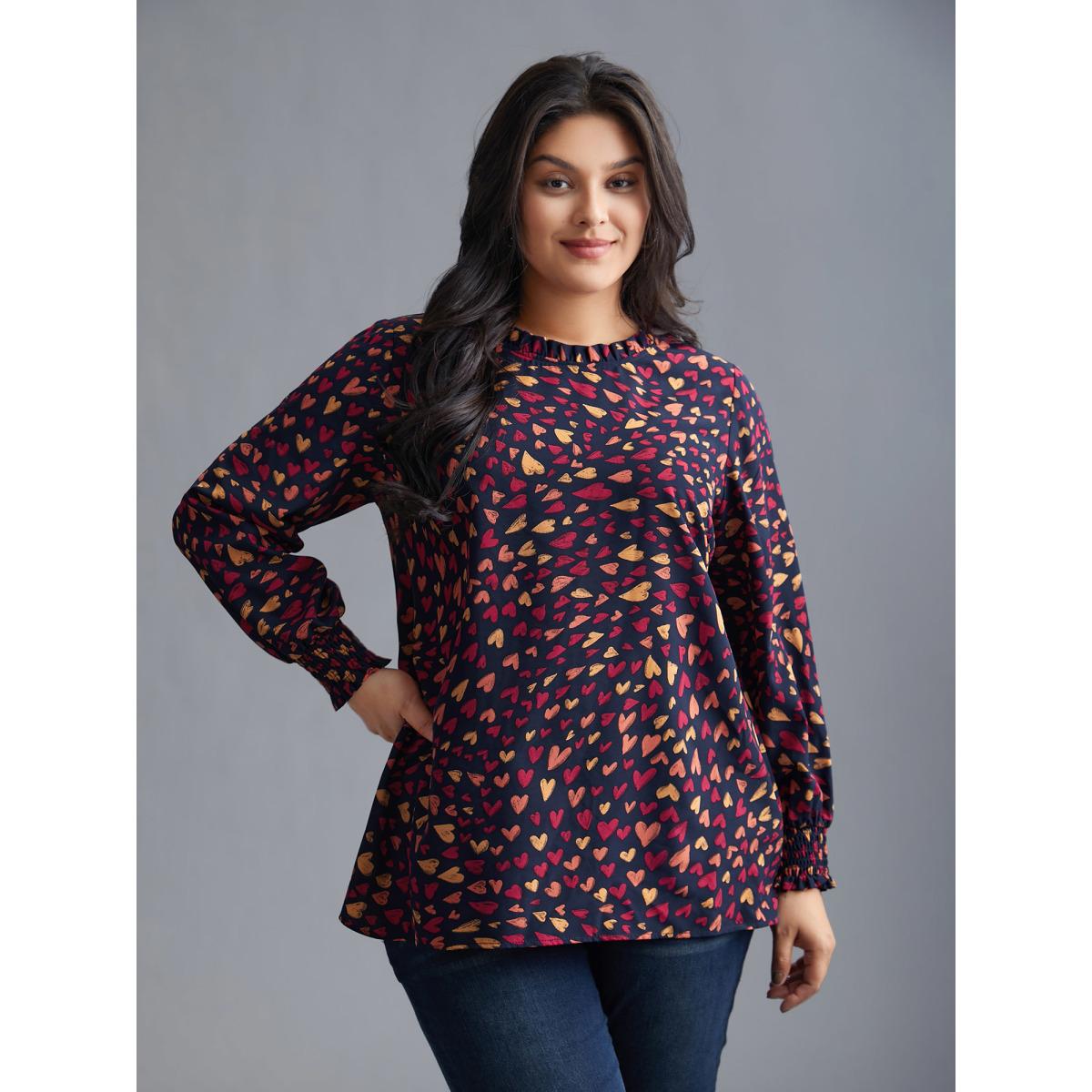 Plus Size Indigo Hearts All Over Ruffled Neckline Blouse Women Elegant Extra Long Sleeve Round Neck Everyday Blouses BloomChic 30/6X Product Image