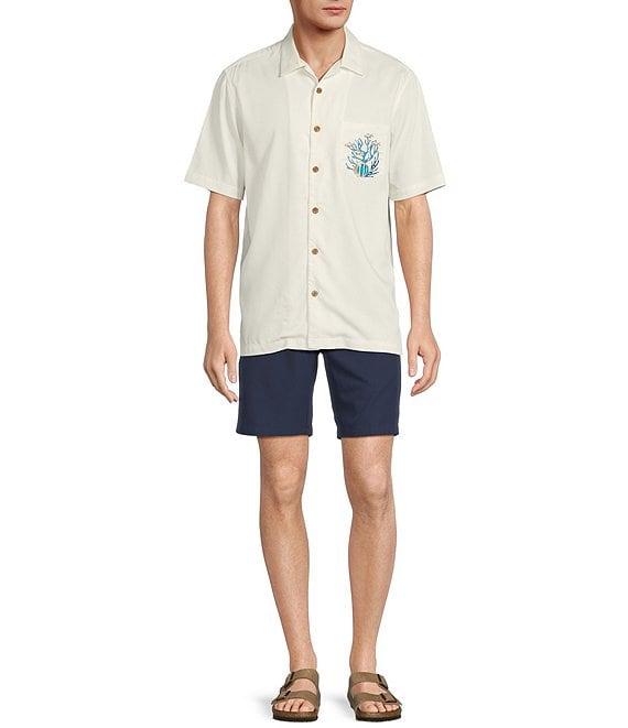 Caribbean Coral Reef Turtle Print Embroidery Short Sleeve Woven Camp Shirt Product Image