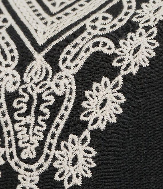 Leo & Nicole Plus Size Embroidered Crochet Boat Neck Trim Elbow Length Sleeve Top Product Image
