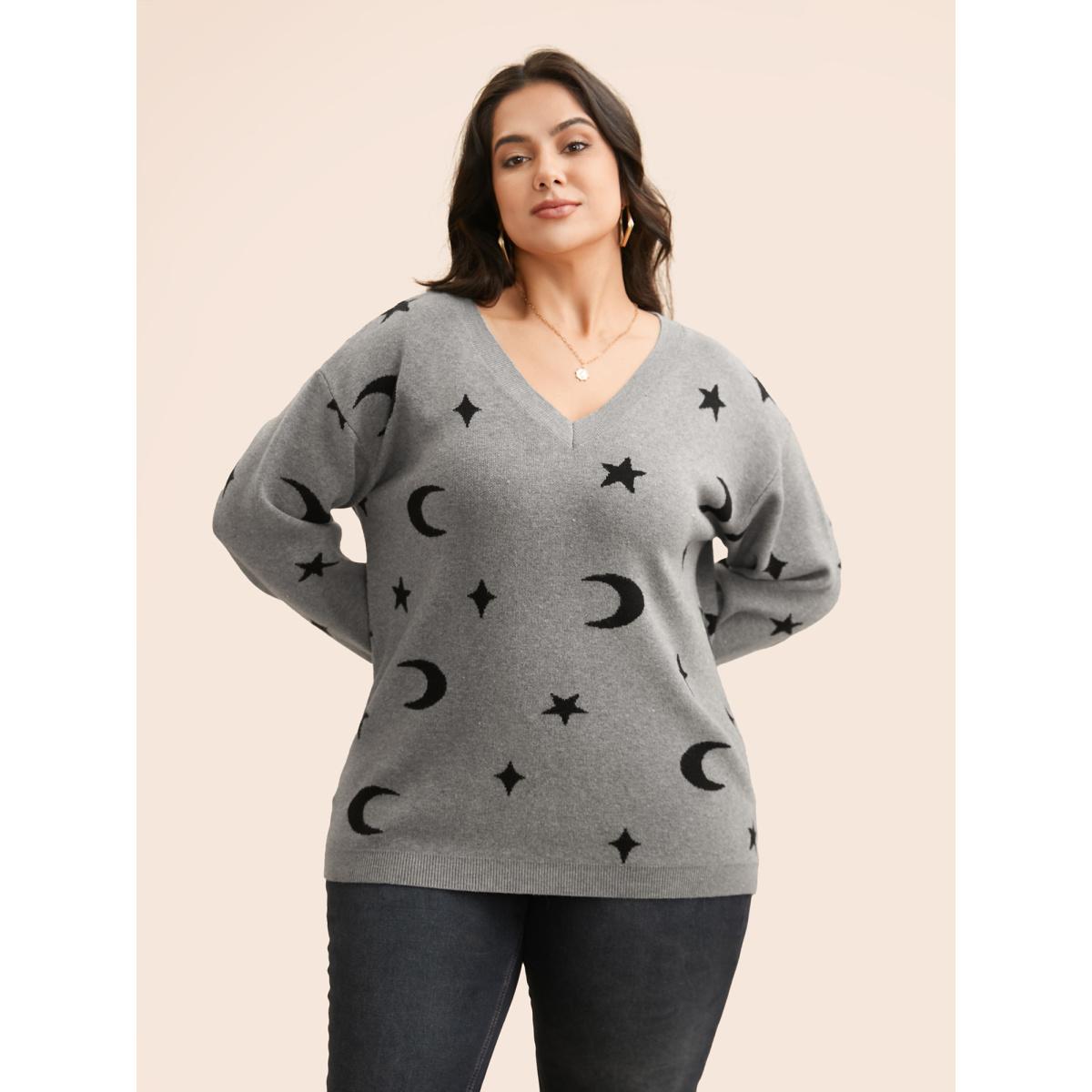 Plus Size Supersoft Essentials Celestial Jacquard V-Neck Pullover Mediumgray Women Leisure Long Sleeve V-neck Casual Pullovers BloomChic 12/L Product Image
