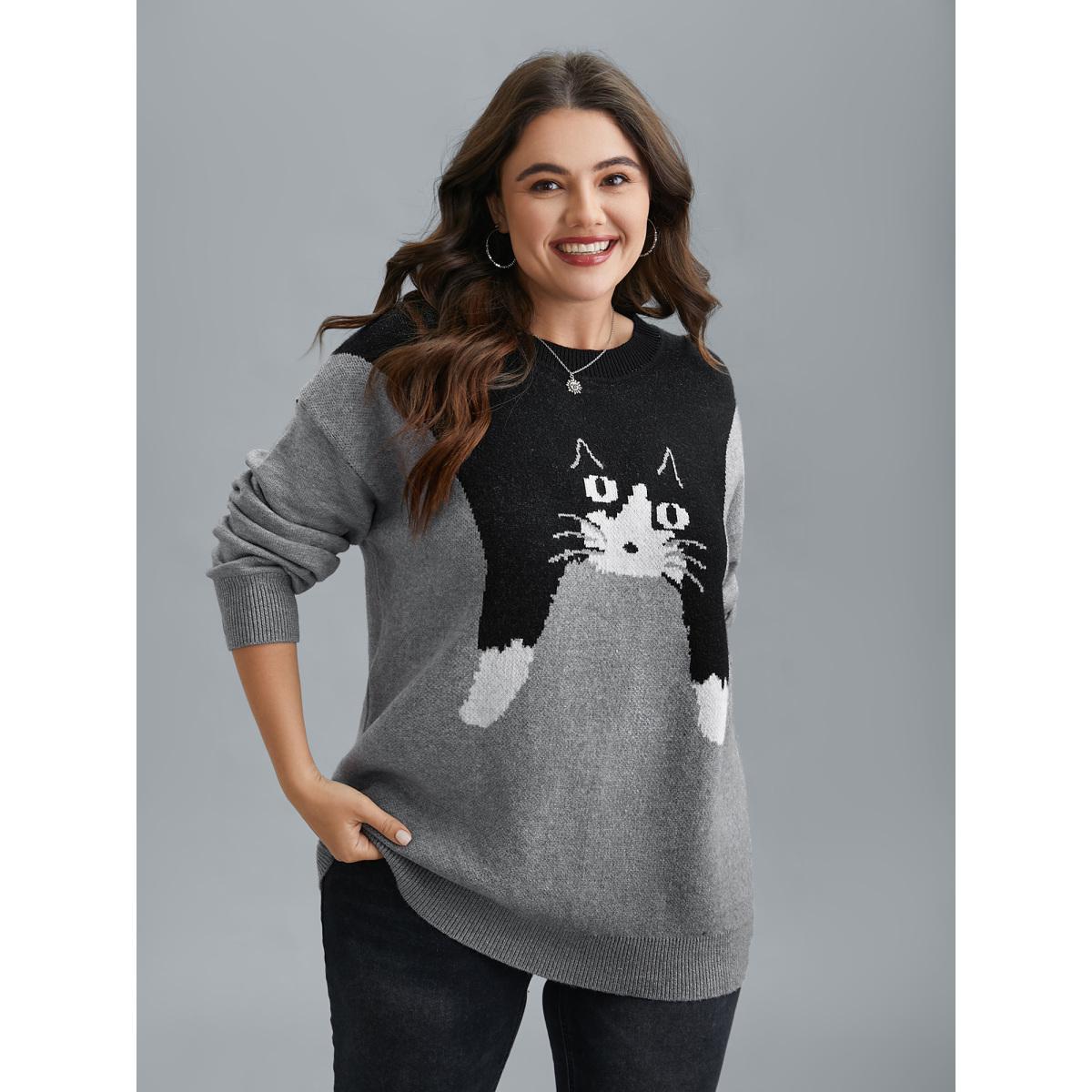 Plus Size Cat Print Color Block Round Neck Pullover DarkGray Women Casual Loose Long Sleeve Round Neck Everyday Pullovers BloomChic 22-24/3X Product Image