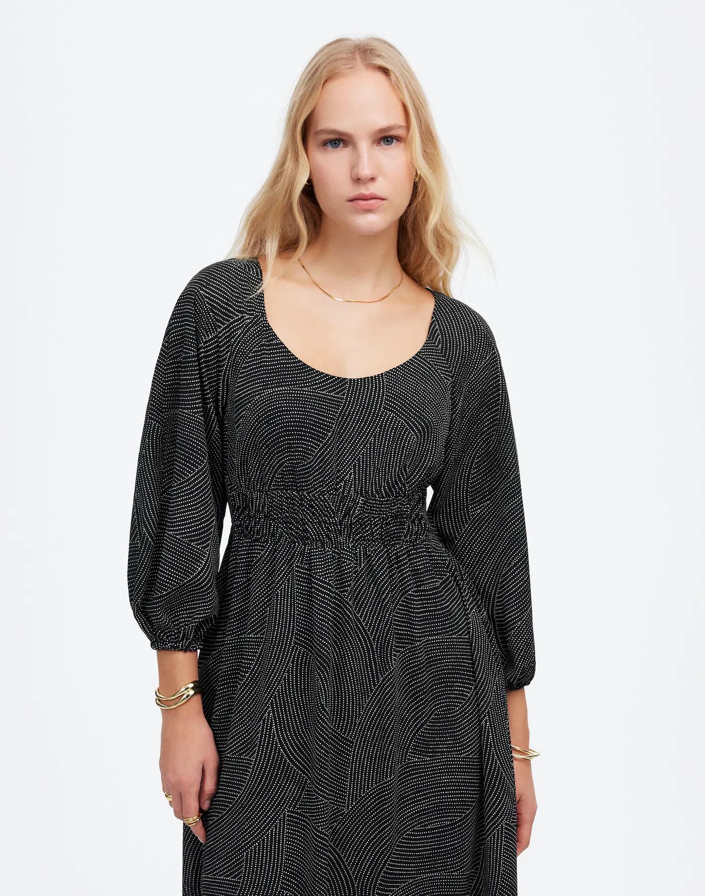 Balloon-Sleeve Ruched Midi Dress in Dot Product Image