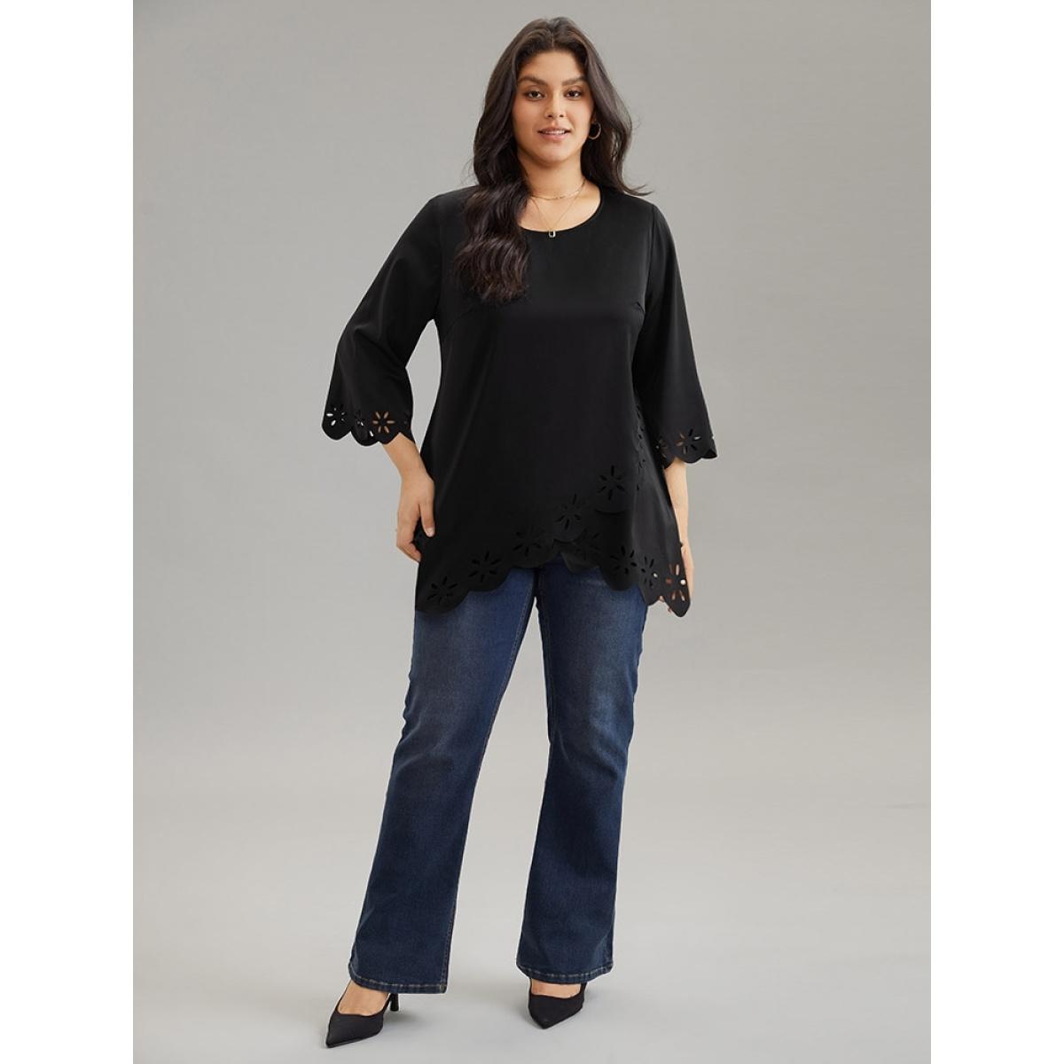 Plus Size Black Plain Laser Cut Crew Neck Scalloped Trim Blouse Women Elegant Elbow-length sleeve Round Neck Party Blouses BloomChic 30/6X Product Image