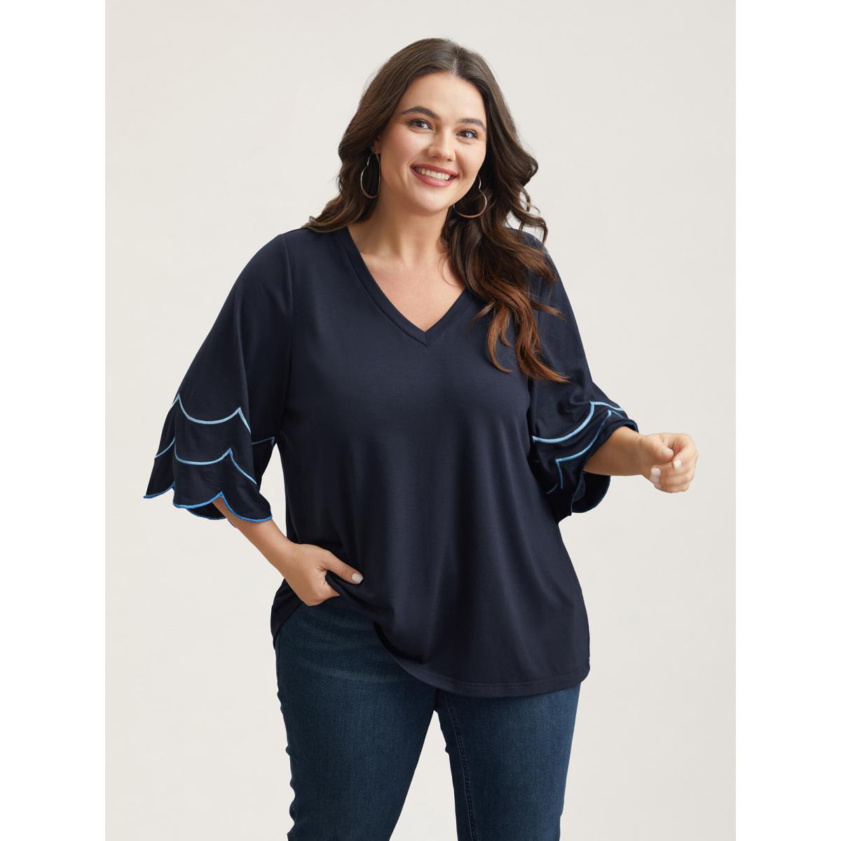 Plus Size Embroidered Trumpet Sleeve V-Neck T-Shirt Indigo Women Casual Embroidered V-neck Everyday T-shirts BloomChic 22-24/3X Product Image