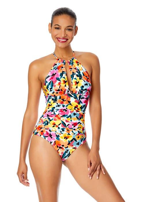 Anne Cole Women's Watercolor Paisley High Neck With Ruffled Straps One Piece Swimsuit Product Image
