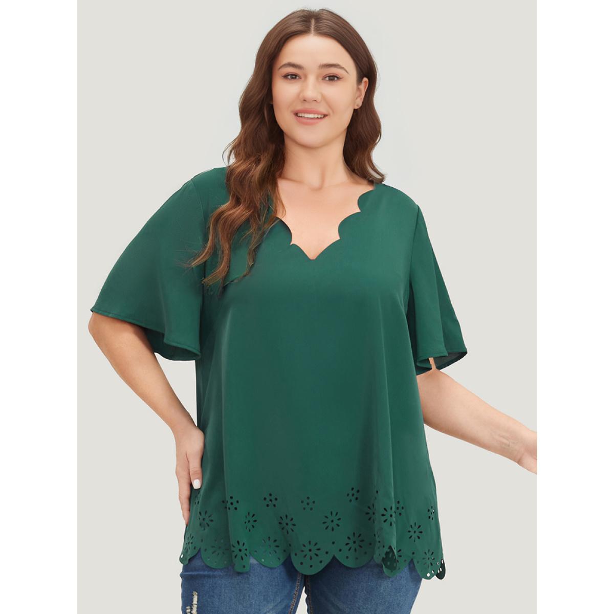 Plus Size DarkGreen Solid Scalloped Trim Laser Cut Ruffle Sleeve Blouse Women Elegant Short sleeve V-neck Dailywear Blouses BloomChic 26/4X Product Image