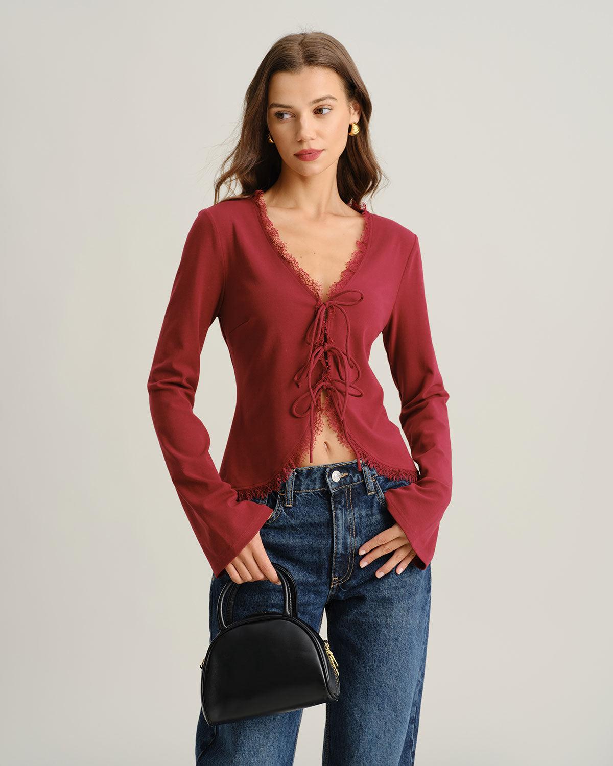 Red V Neck Tie-front Cardigan Product Image