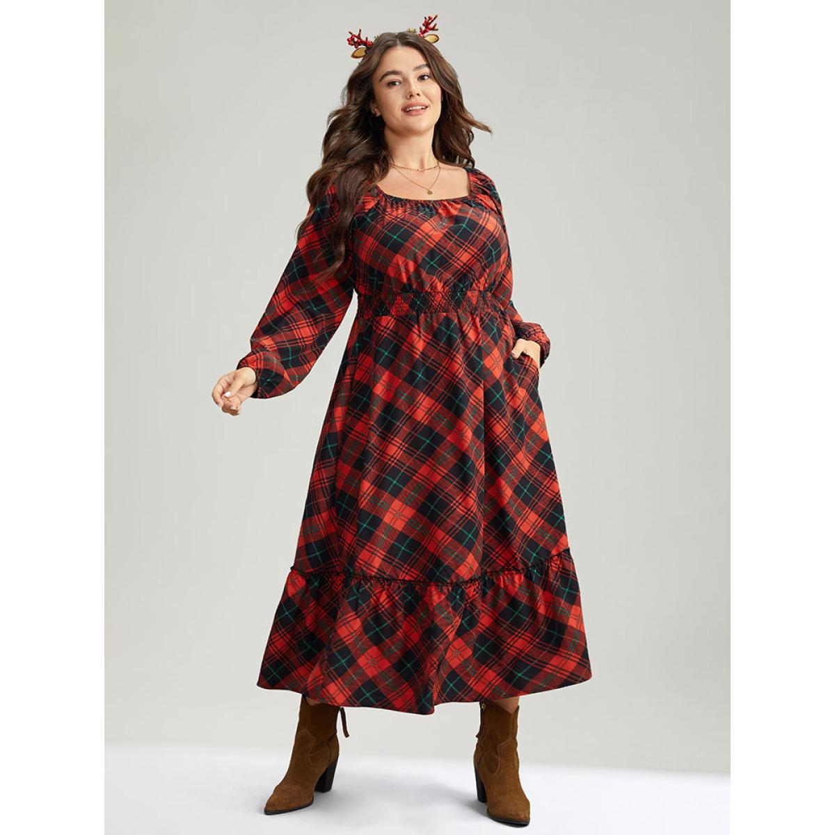 Plus Size Plaid Shirred Frill Trim Pocket Square Neck Dress Scarlet Women Elegant Elastic cuffs Square Neck Long Sleeve Curvy Midi Dress BloomChic 30/6X Product Image