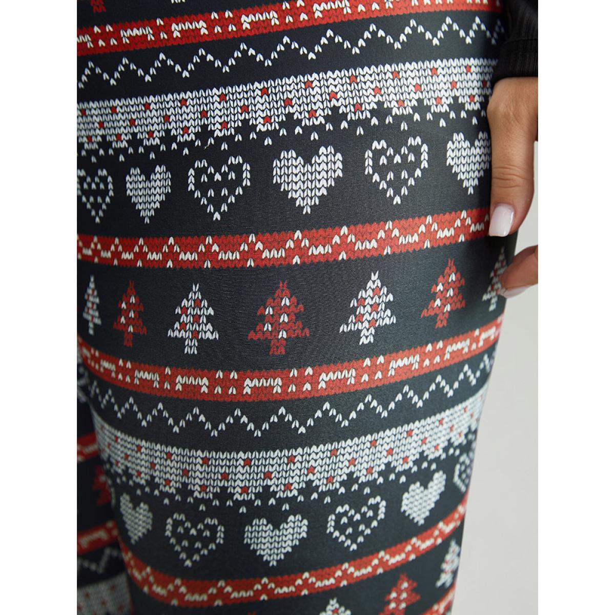 Plus Size Christmas Print Mid Rise Skinny Leggings Women BlackFlower Casual High stretch Skinny Mid Rise Festival-Christmas Leggings BloomChic 12/L Product Image