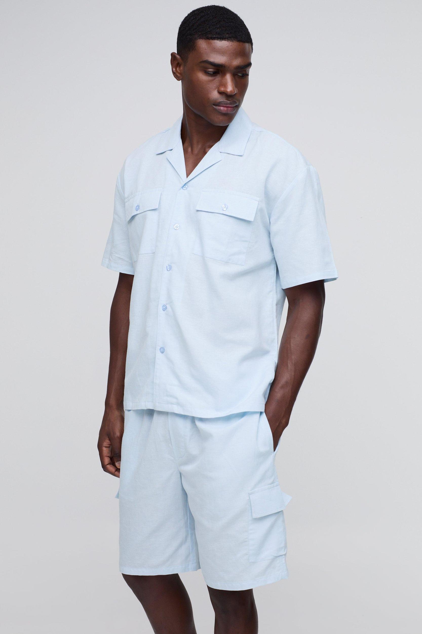 Oversized Linen Blend Cargo Pocket Shirt & Short Set | boohooMAN USA Product Image