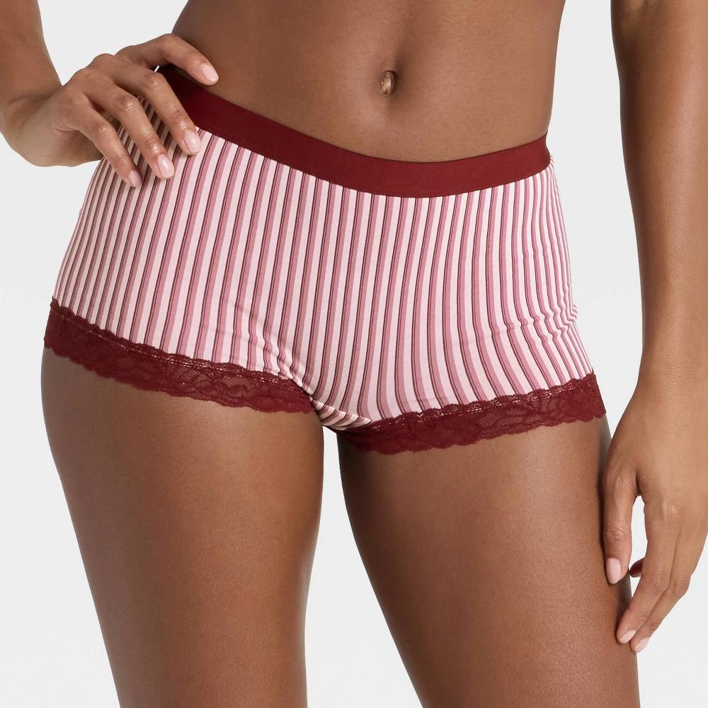 Women's Striped Cotton Blend Boy Shorts Underwear with Lace - Auden™ Product Image