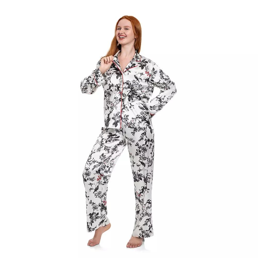 Petite Lilac+London Satin Notch Collar Pajama Top & Pajama Bottoms Set, Women's, Size: XS Petite, Ivory Black Product Image