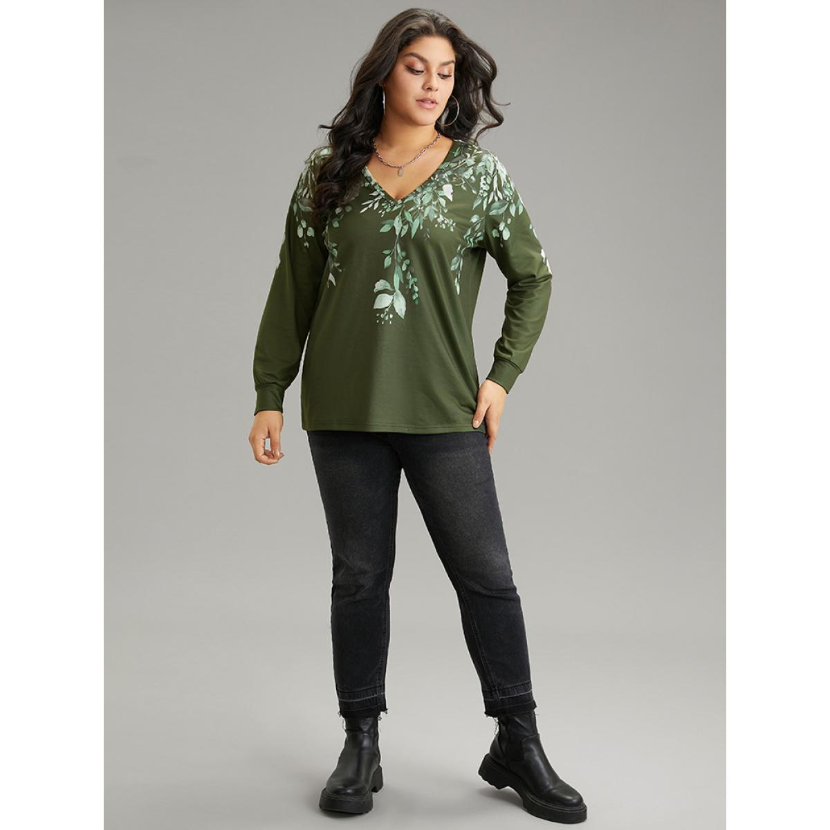 Plus Size Plants Print V Neck Elastic Cuffs Sweatshirt Women Mint Elegant Printed V-neck Dailywear Sweatshirts BloomChic 18-20/2X Product Image
