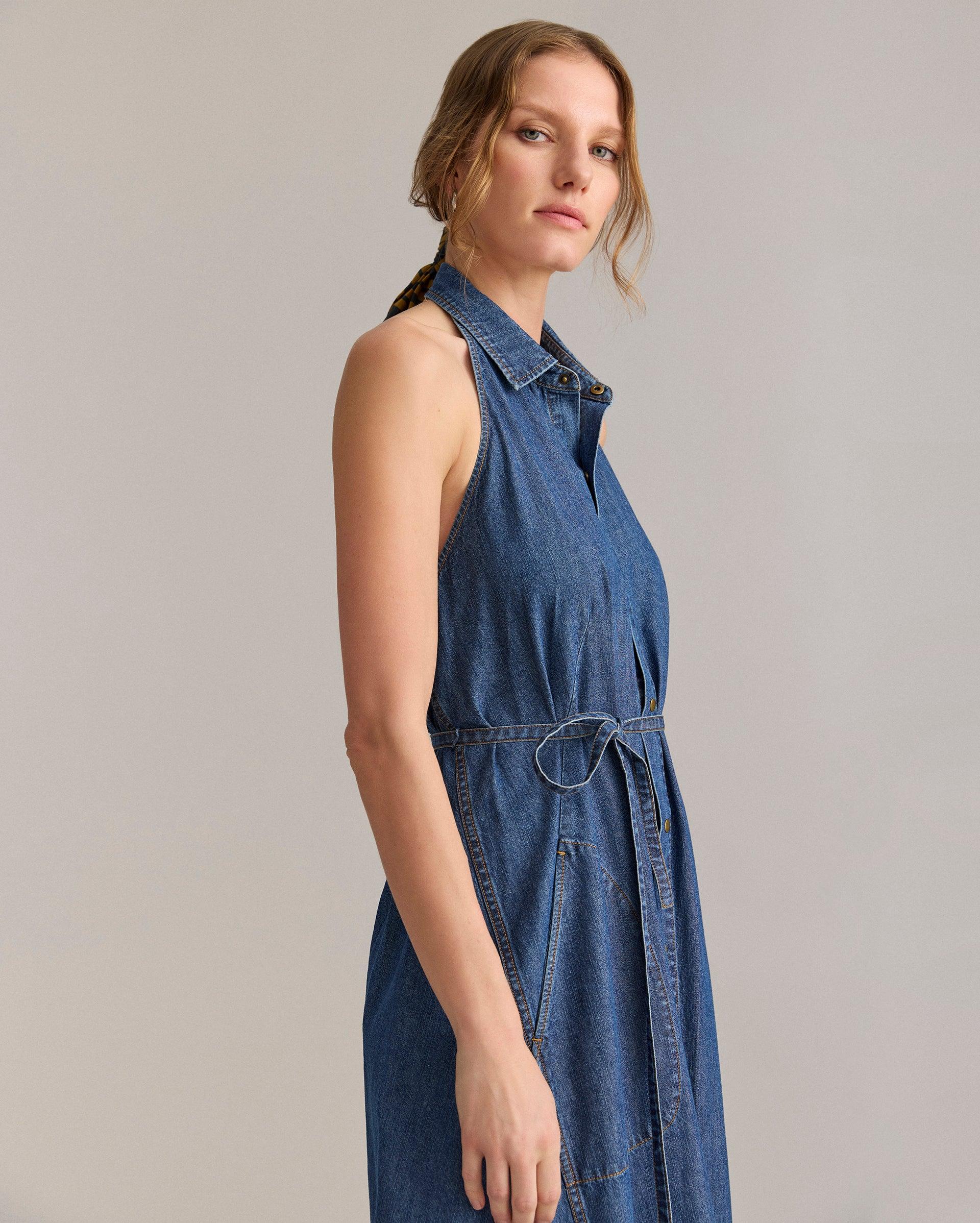 Denim Halterneck Shirt Dress -  Product Image