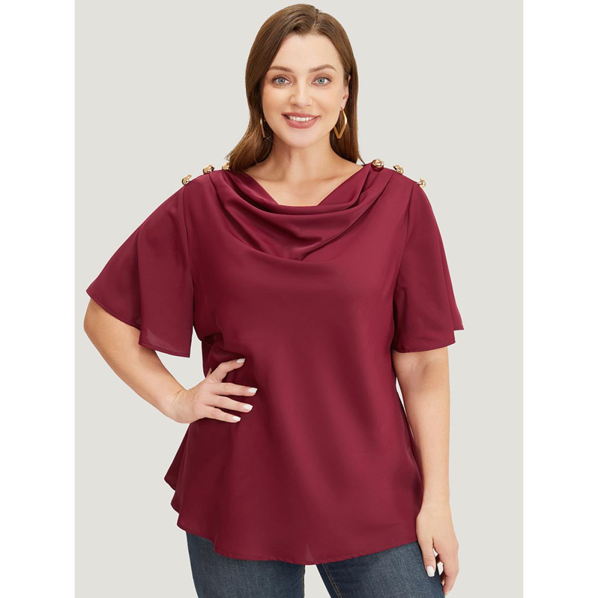 Plus Size Scarlet Plain Cowl Neck Button Detail Flutter Sleeve Blouse Women Office Short sleeve Cowl Neck Office Blouses BloomChic 12/L Product Image