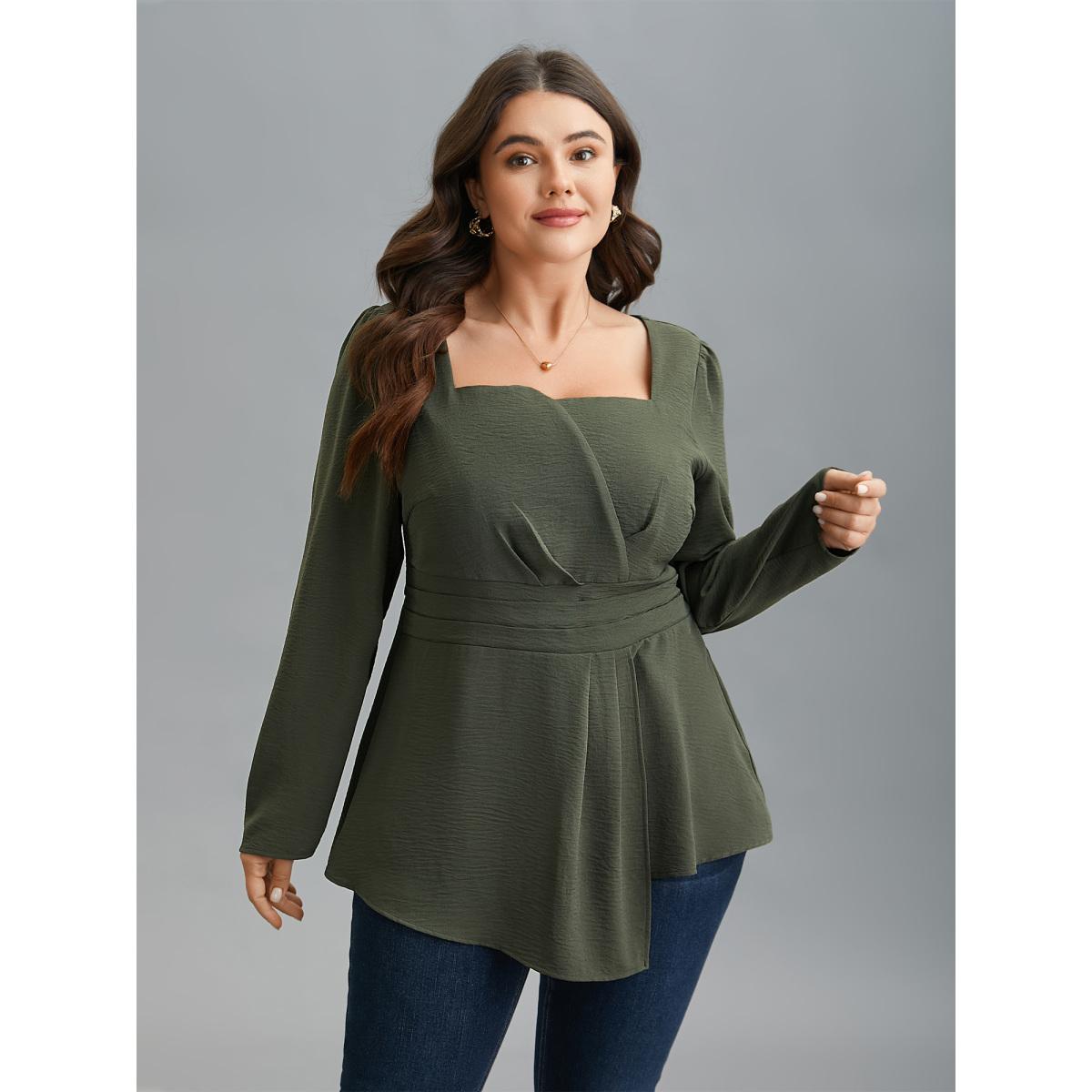 Plus Size ArmyGreen Asymmetrical Neckline Stretchy Waist Plicated Detail Blouse Women Elegant Extra Long Sleeve Asymmetrical Neck Everyday Blouses BloomChic 30/6X Product Image