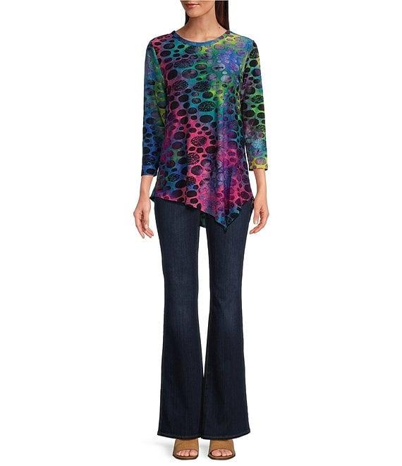 Calessa Petite Size Burnout Tie-Dye Knit Crew Neck 3/4 Sleeve Asymmetrical Top Product Image