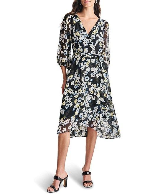 DKNY by Donna Karan V-neck 3/4 Sleeve Floral Print Faux Wrap Midi Dress Product Image