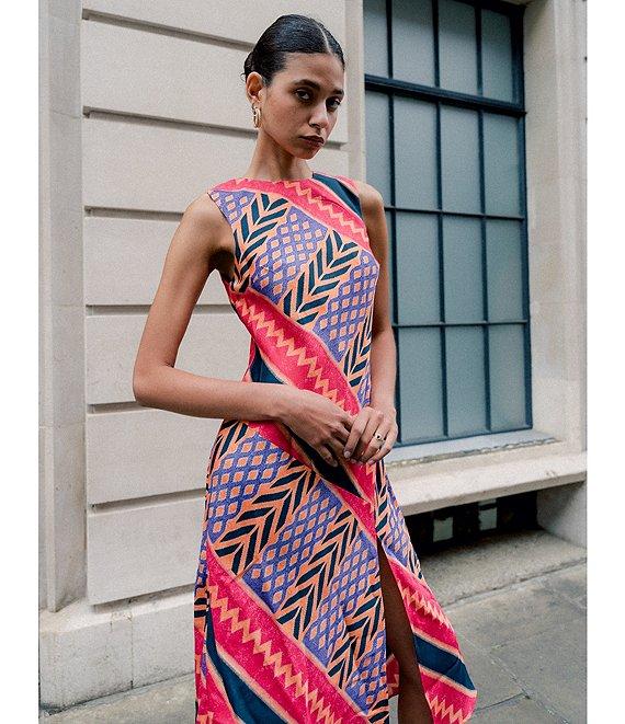 COREY LYNN CALTER Beatriz Woven Geo Ikat Print Round Neck Sleeveless Midi Shift Dress Product Image