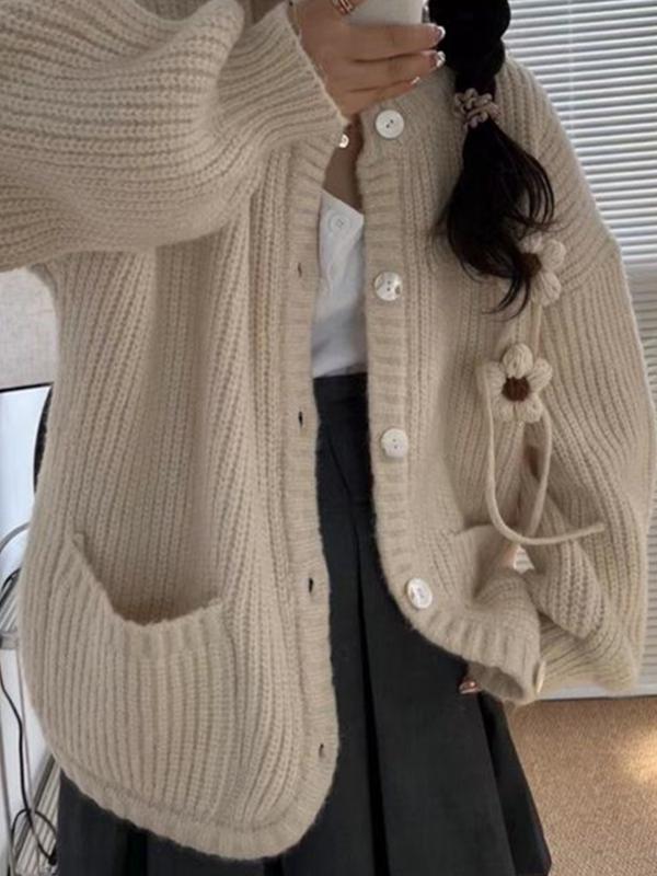 Three Dimensional Flower Decor Crew Neck Knit Cardigan Product Image