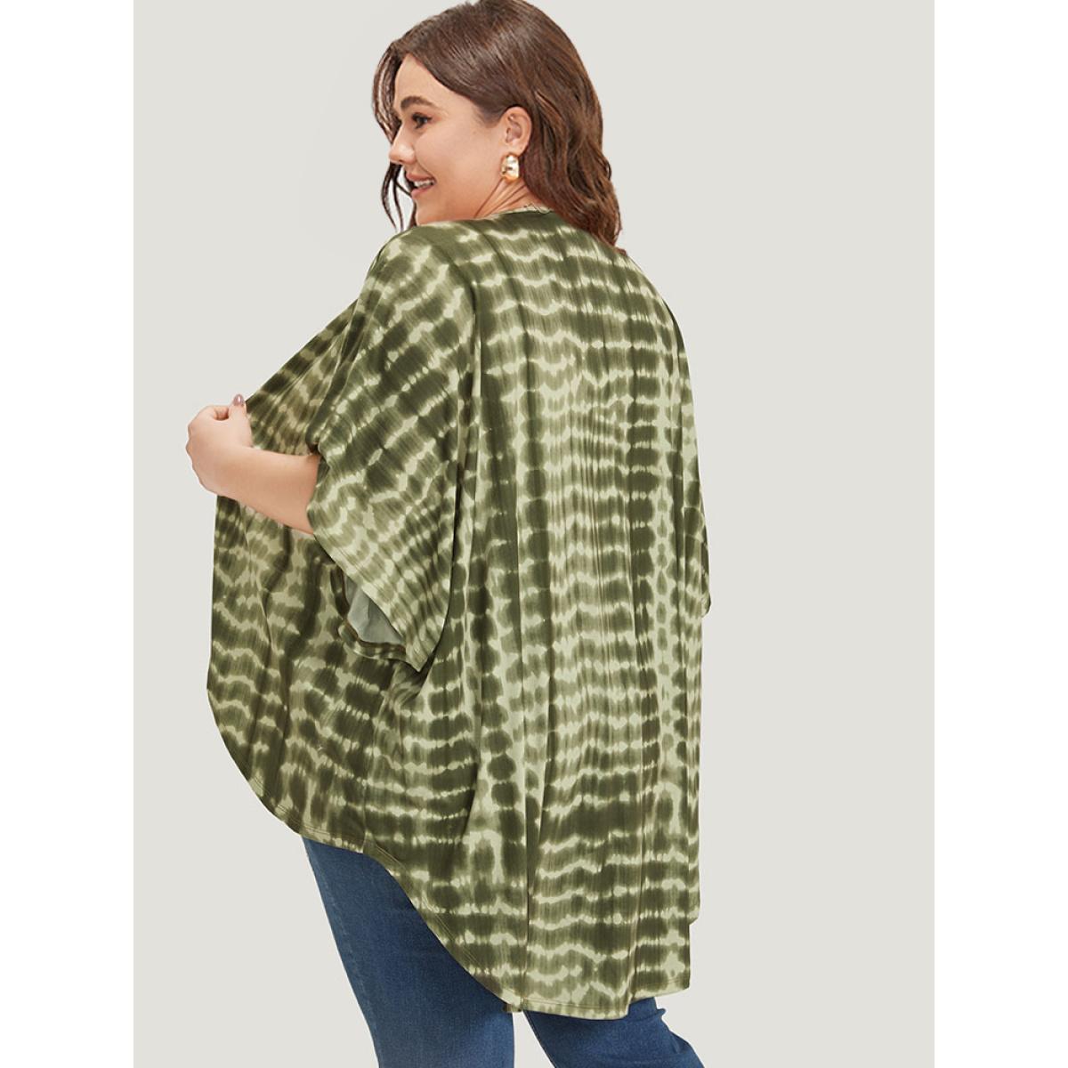 Plus Size Tie Dye Ruffle Sleeve Asymmetrical Hem Kimono Women ArmyGreen Casual Tie Dye Loose Dailywear Kimonos BloomChic 28/5X Product Image