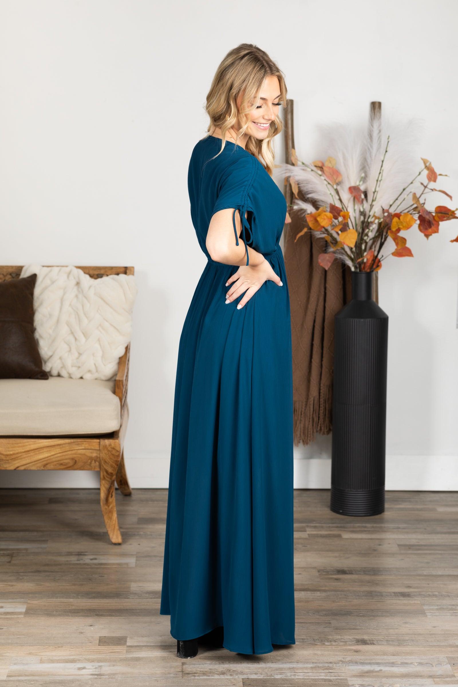 Dark Teal V-Neck Maxi Dress With Pockets Product Image