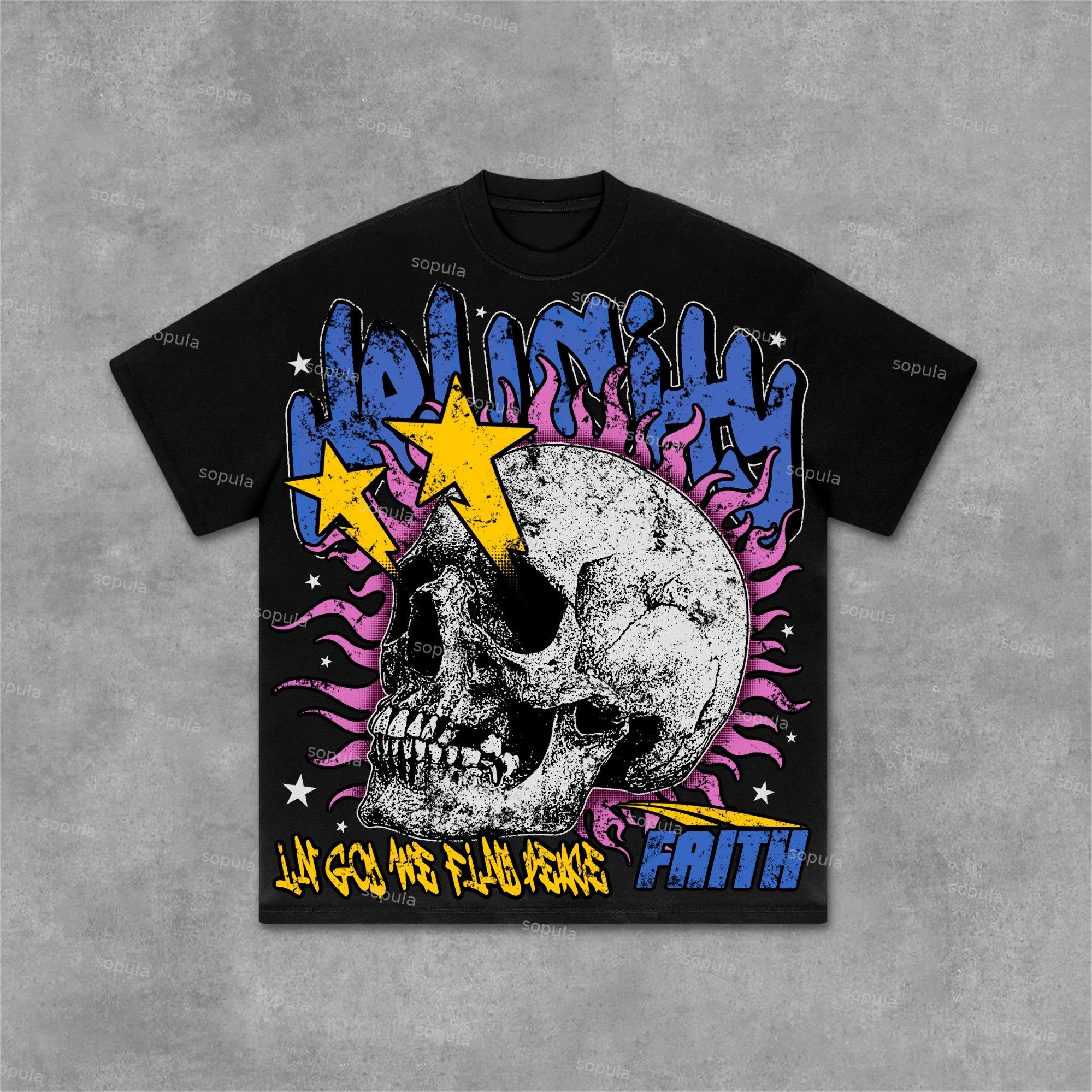 Flame Skull & Hell City Faith Vintage Old Graphic Cotton T-Shirt Product Image